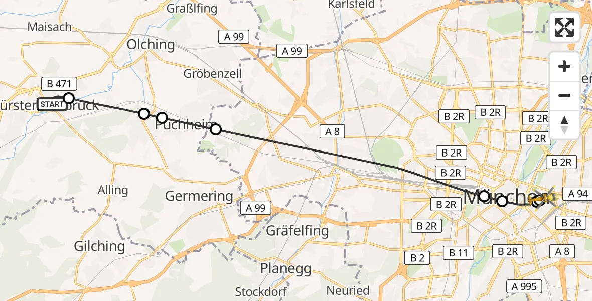 Flugroute Rettungshubschrauber Fürstenfeldbruck - Rechts der Isar University Hospital, 28 März 2026, 00:30
