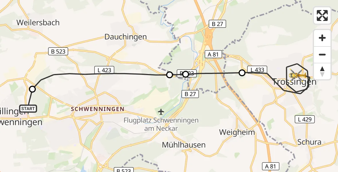 Flugroute Rettungshubschrauber DRF Air Rescue Station Villingen-Schwenningen Hubschrauberlandeplatz (Christoph 11) - Trossingen, 28 März 2026, 00:41