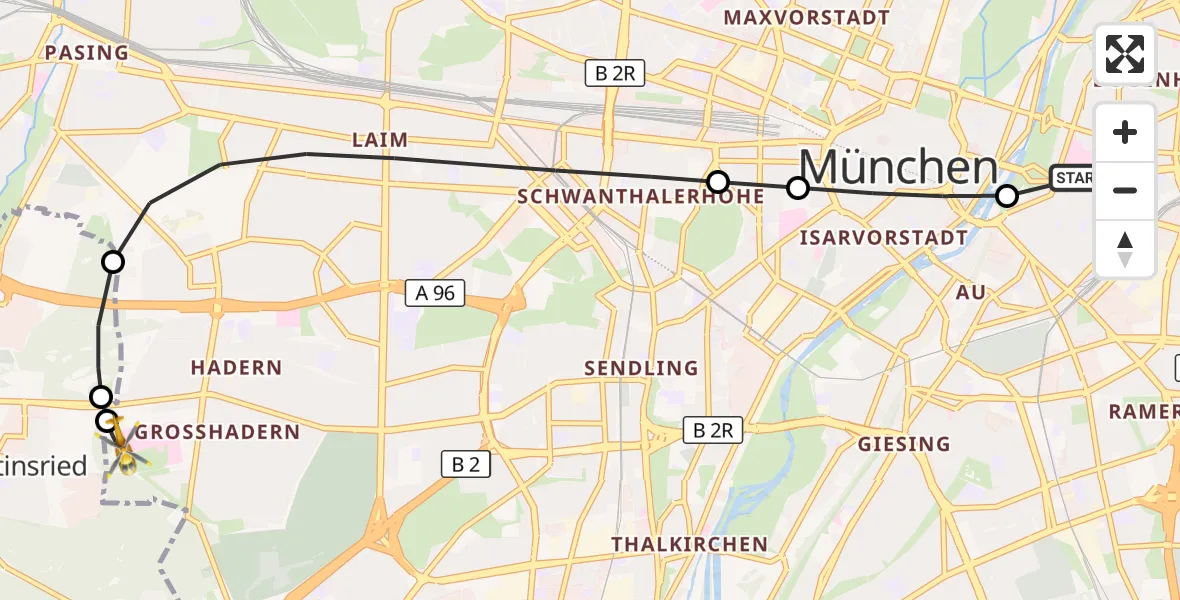 Flugroute Rettungshubschrauber Rechts der Isar University Hospital - DRF Air Rescue München Hubschrauberlandeplatz, 28 März 2026, 01:18