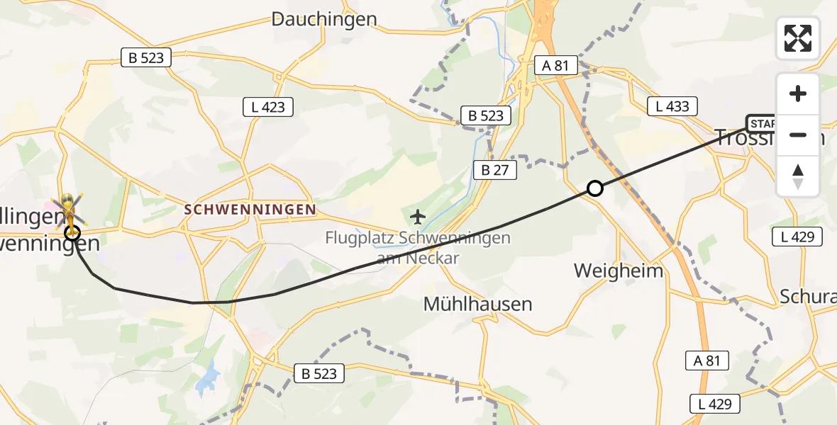 Routekaart van de vlucht: Rettungshubschrauber nach DRF Air Rescue Station Villingen-Schwenningen Hubschrauberlandeplatz (Christoph 11)