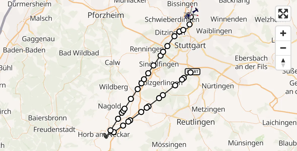 Routekaart van de vlucht: Polizeihubschrauber nach Ludwigsburg, Asperger Straße