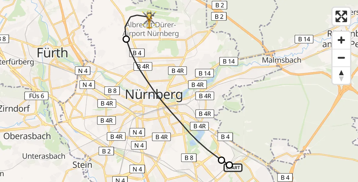 Flugroute Ambulanzhubschrauber Nürnberg South Hospital - Flughafen Nuremberg, 28 März 2026, 05:30