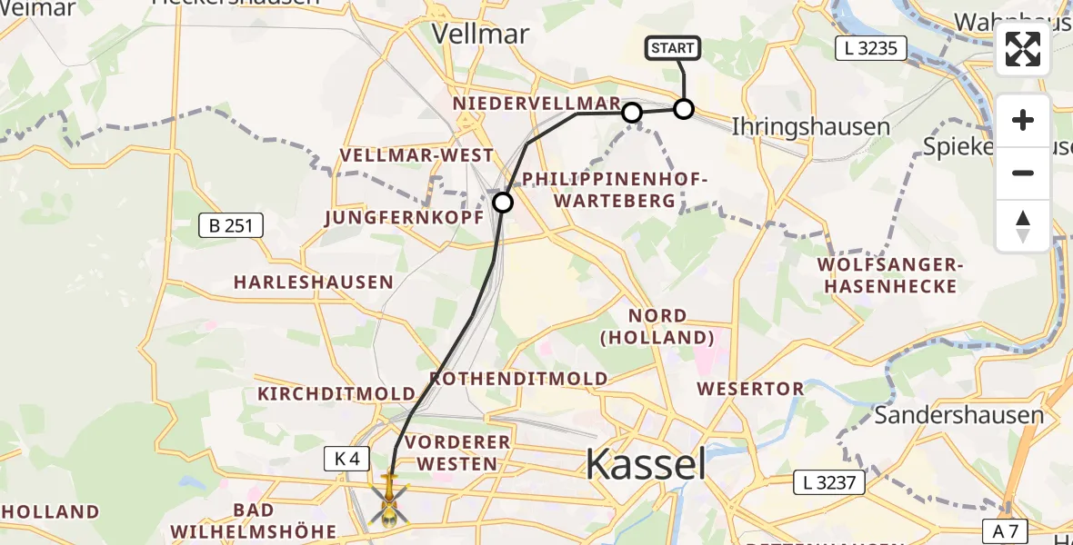 Flugroute Rettungshubschrauber Fuldatal Bundespolizei Hubschrauberlandeplatz - Kassel, 28 März 2026, 06:01