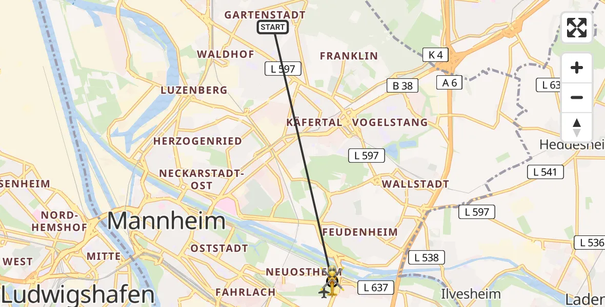 Flugroute Rettungshubschrauber Mannheim - Mannheim-City Flughafen, 28 März 2026, 06:02