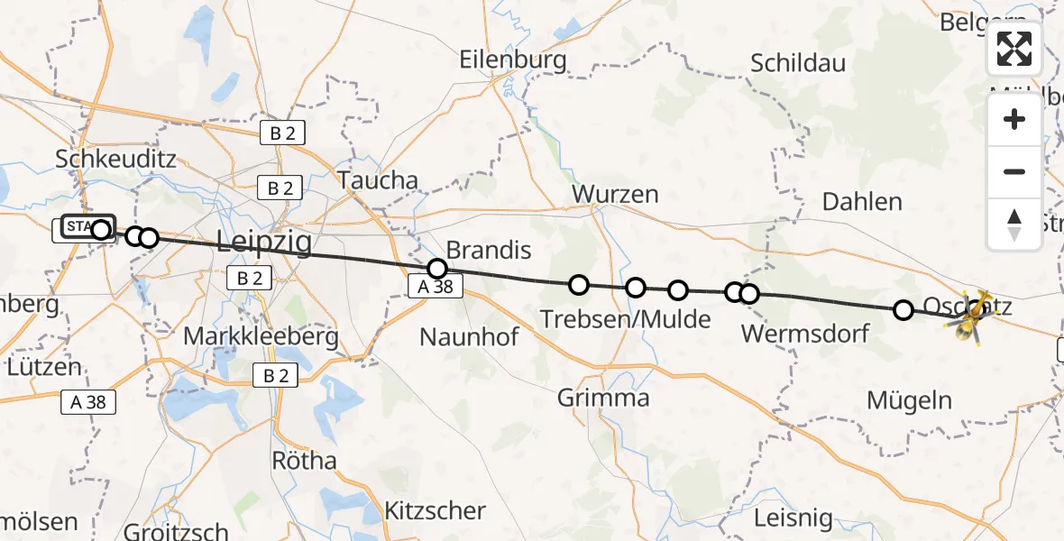 Flugroute Rettungshubschrauber ADAC Air Rescue Station Leipzig/Schkeuditz-Dölzig Hubschrauberlandeplatz (Christoph 61) - Collm Klinik Oschatz Hubschrauberlandeplatz, 28 März 2026, 06:51