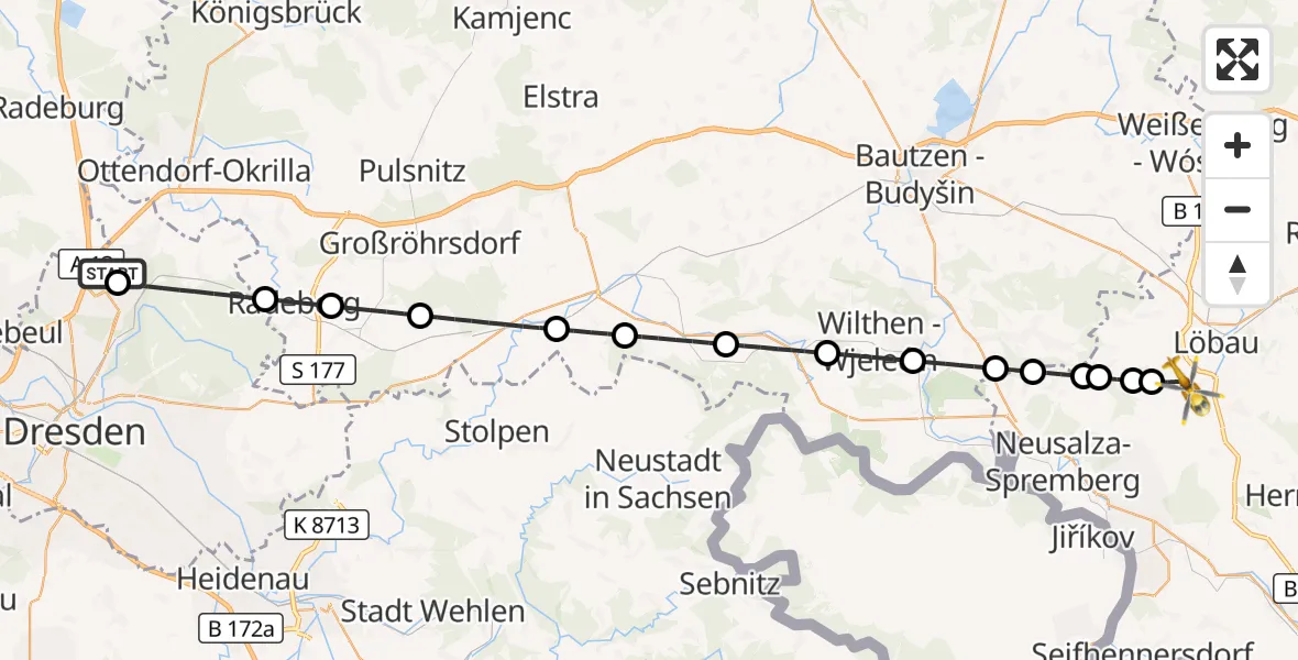 Flugroute Rettungshubschrauber Dresden Flughafen - Großschweidnitz, 28 März 2026, 06:53