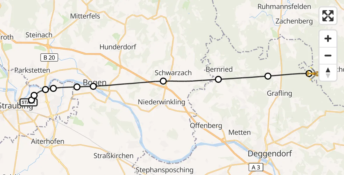 Flugroute Rettungshubschrauber Sankt Elisabeth Hospital Straubing - Bischofsmais, 28 März 2026, 06:54