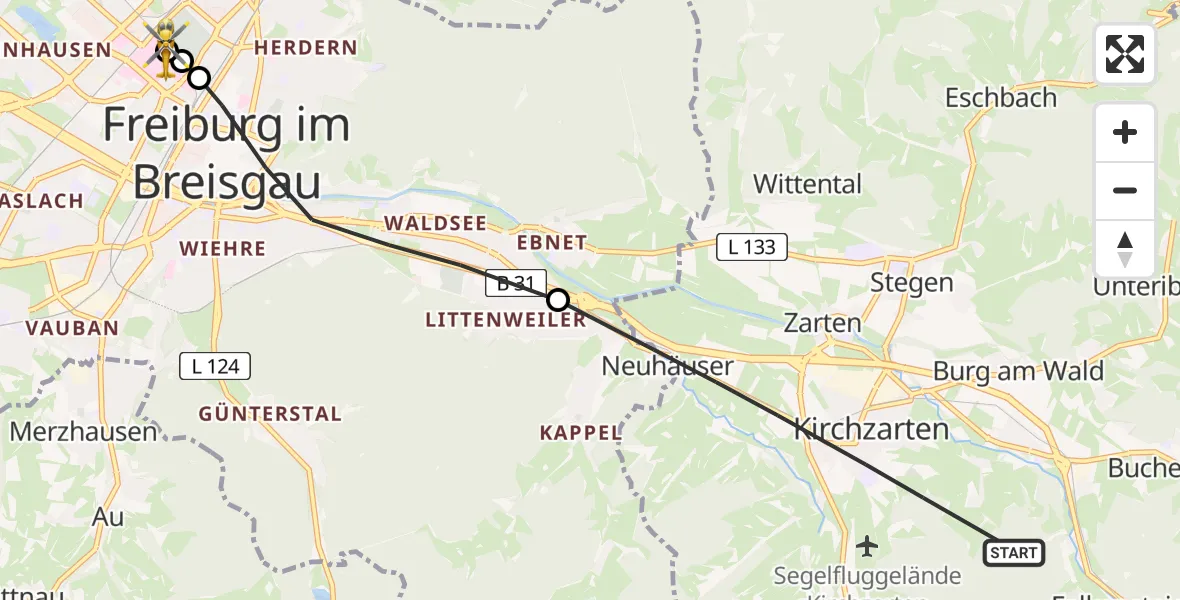 Routekaart van de vlucht: Rettungshubschrauber nach Freiburg University Hospital Heliport 1