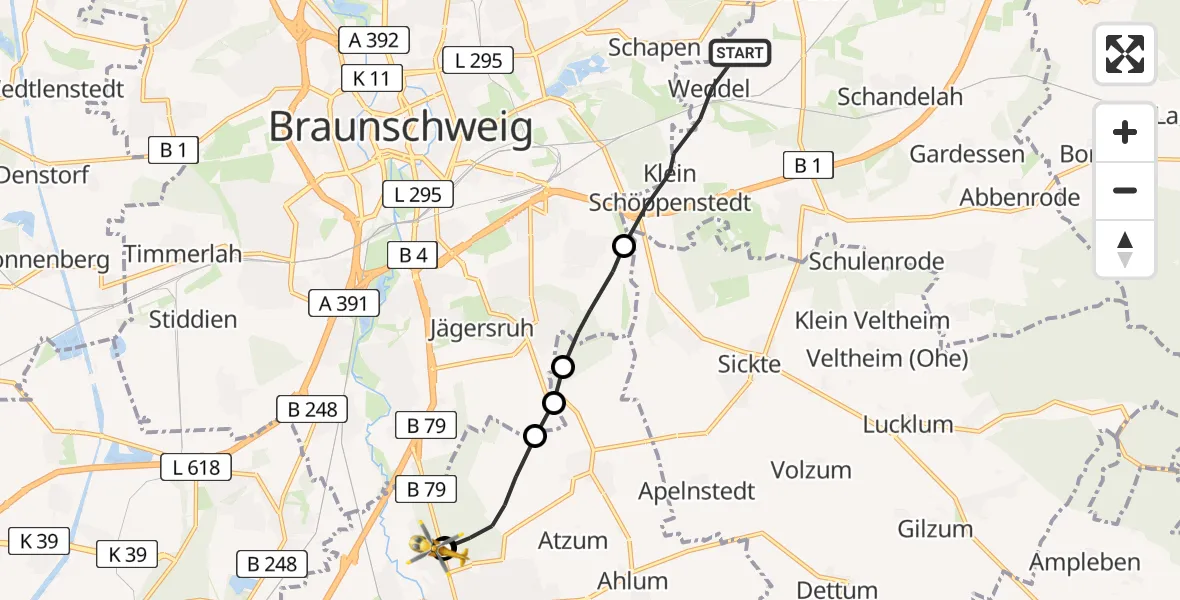 Routekaart van de vlucht: Rettungshubschrauber nach Wolfenbüttel Municipal Hospital Heliport (Christoph 30)