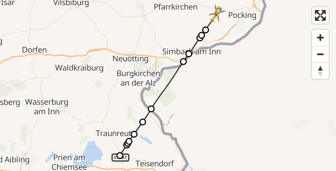 Flugroute Rettungshubschrauber Traunstein Hospital - Rotthalmünster, 28 März 2026, 07:09