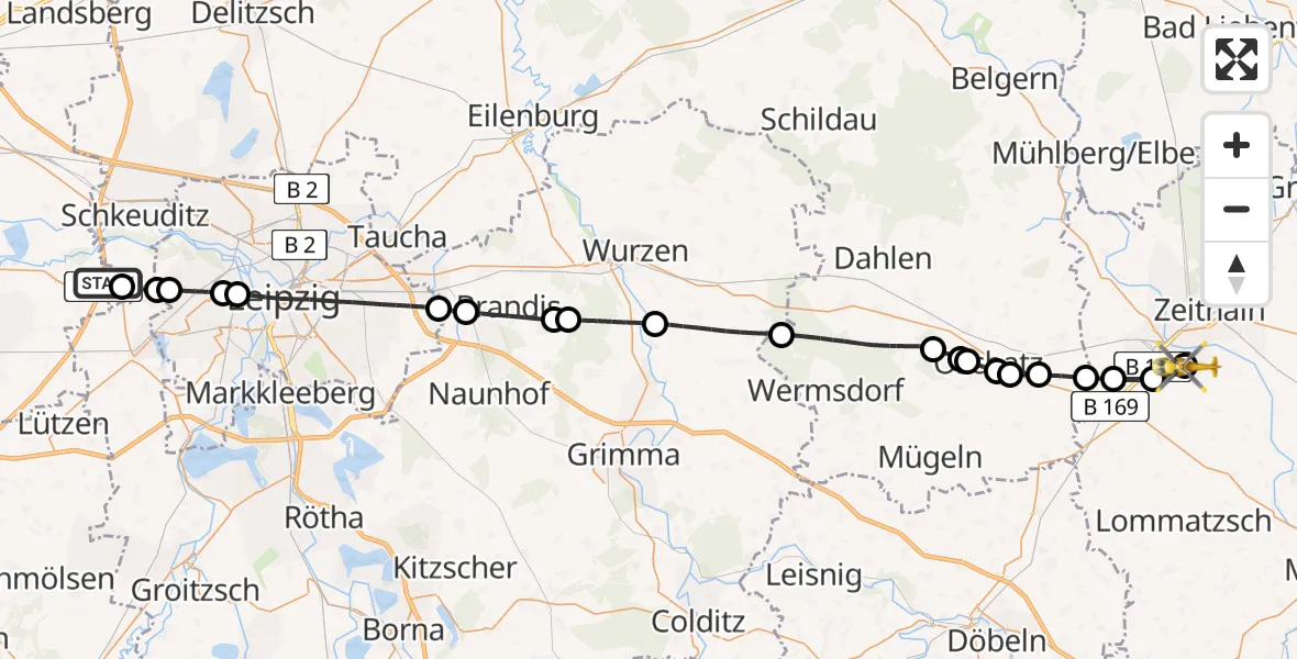 Flugroute Rettungshubschrauber ADAC Air Rescue Station Leipzig/Schkeuditz-Dölzig Hubschrauberlandeplatz (Christoph 61) - Riesa Hospital, 28 März 2026, 07:11