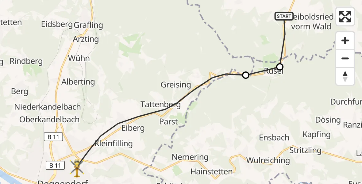 Routekaart van de vlucht: Rettungshubschrauber nach Deggendorf, Perlasberger Straße