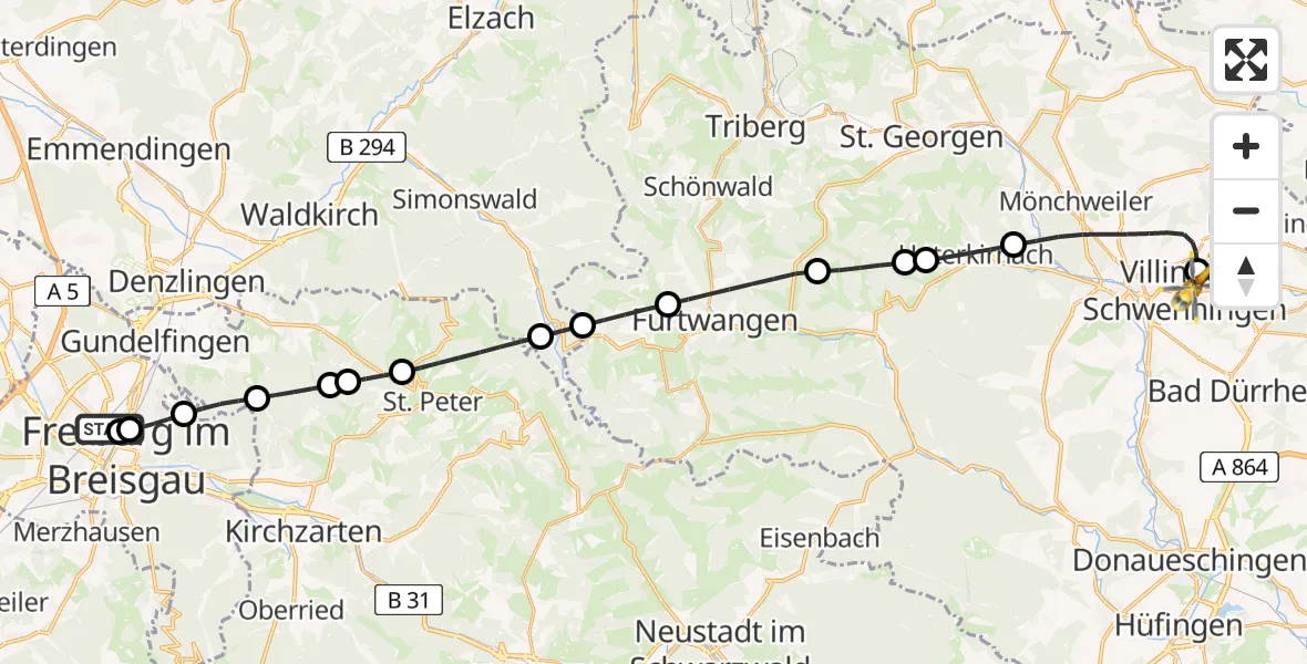 Flugroute Rettungshubschrauber Freiburg University Hospital Heliport 1 - DRF Air Rescue Station Villingen-Schwenningen Hubschrauberlandeplatz (Christoph 11), 28 März 2026, 07:29