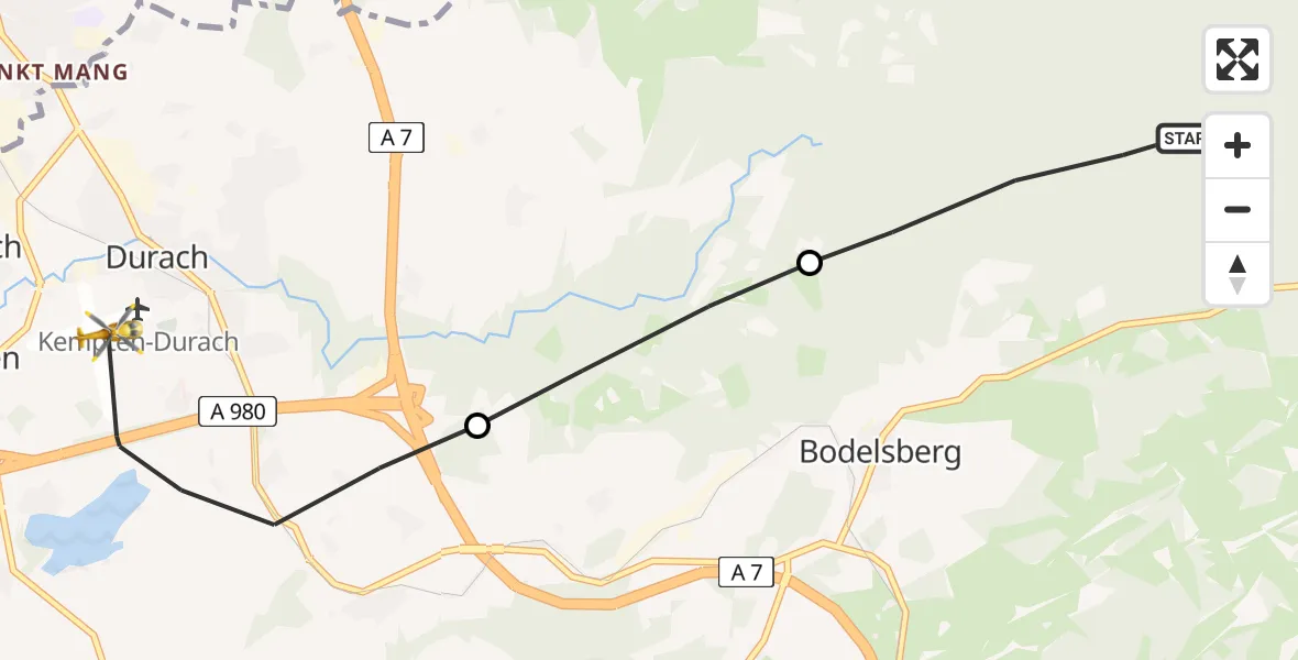 Routekaart van de vlucht: Rettungshubschrauber nach Kempten-Durach Flugplatz