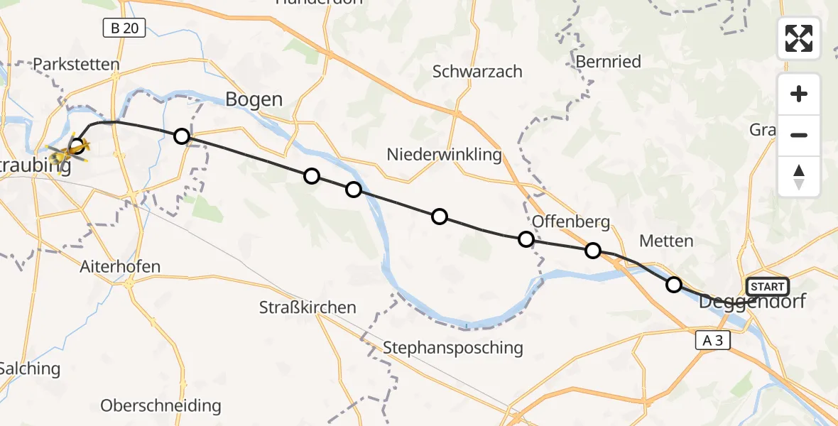 Flugroute Rettungshubschrauber Deggendorf - Sankt Elisabeth Hospital Straubing, 28 März 2026, 07:56