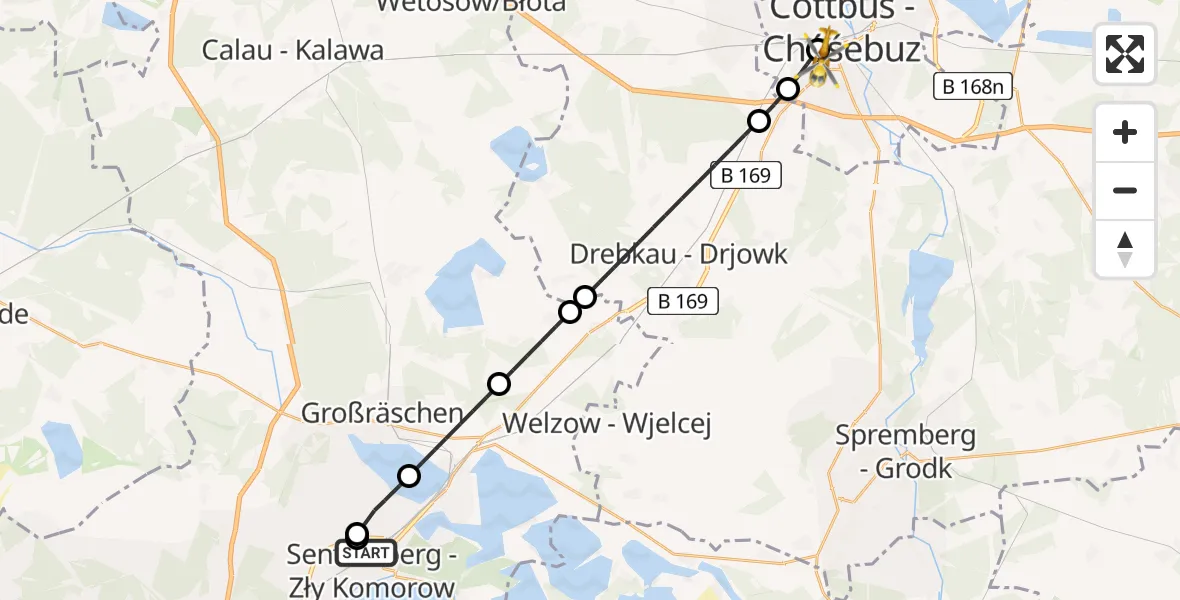 Flugroute Ambulanzhubschrauber Senftenberg - Carl Thien Hospital Cottbus, 28 März 2026, 07:57