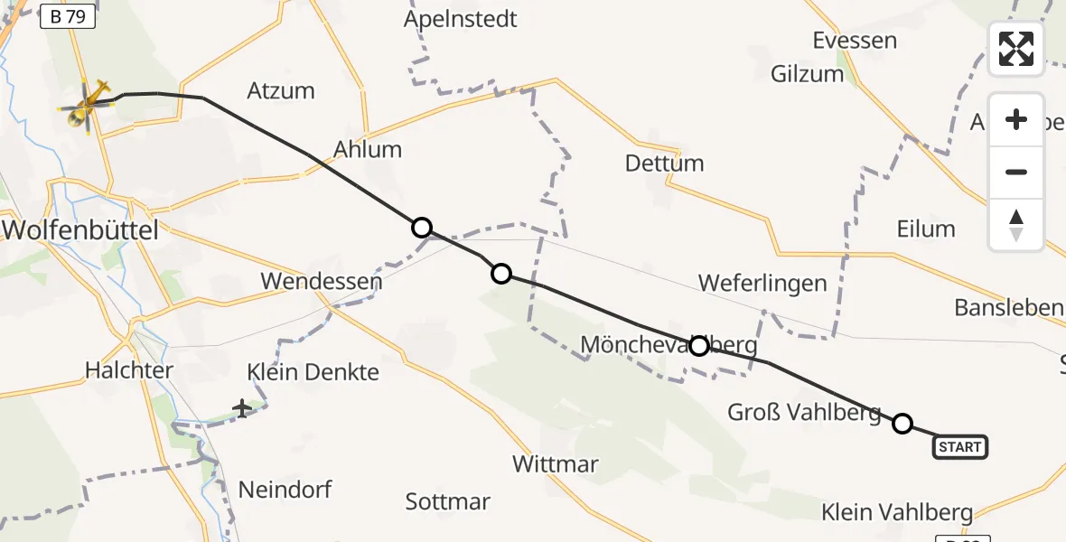 Flugroute Rettungshubschrauber Schöppenstedt - Wolfenbüttel Municipal Hospital Heliport (Christoph 30), 28 März 2026, 08:06