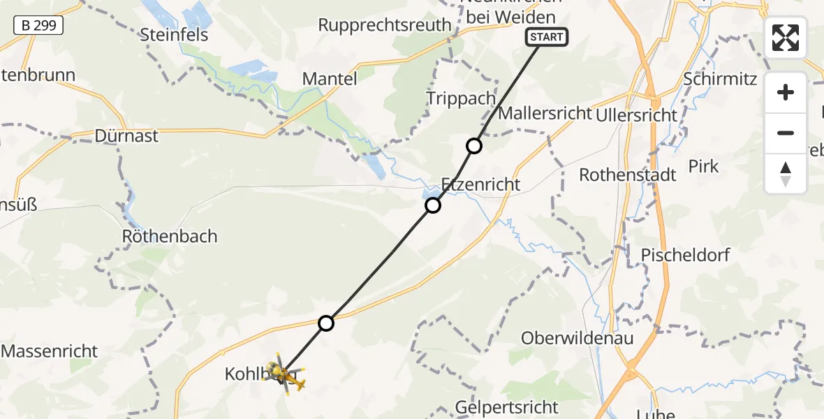 Flugroute Rettungshubschrauber Weiden i.d.OPf. - Kohlberg, 28 März 2026, 08:13