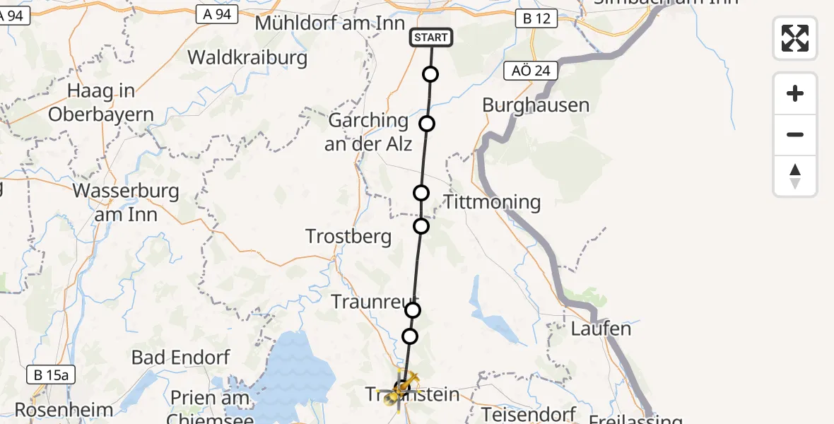 Flugroute Rettungshubschrauber Altötting - Traunstein Hospital, 28 März 2026, 08:24