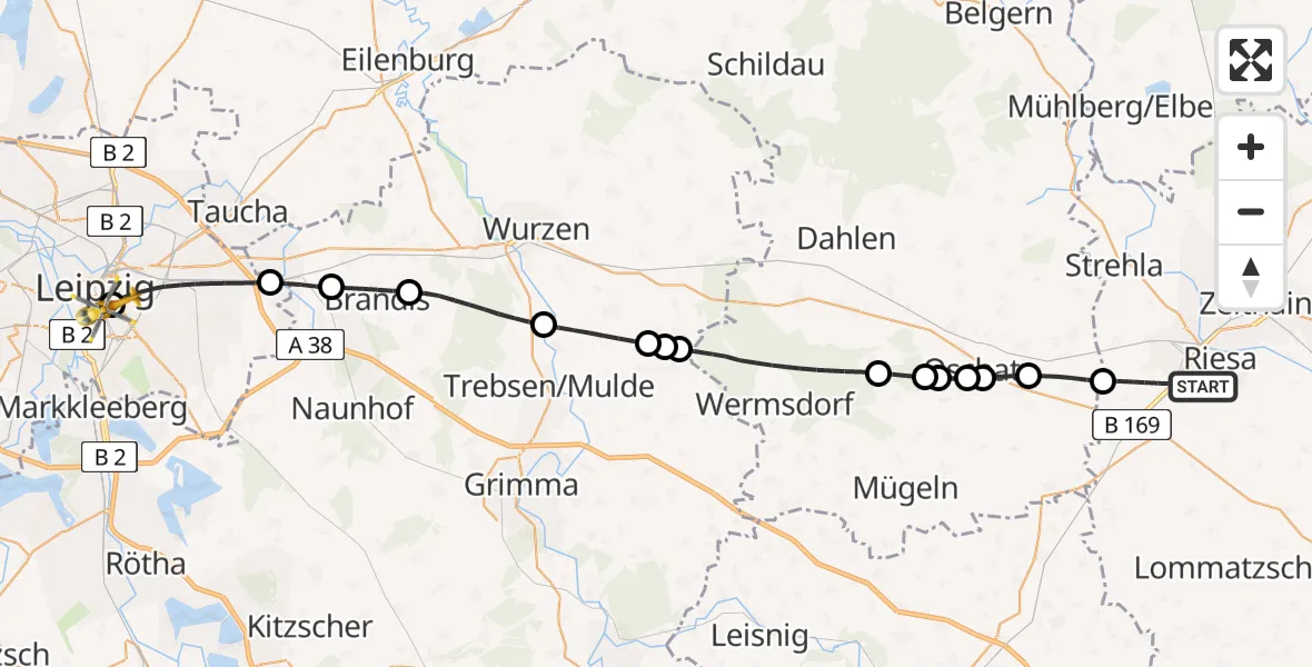 Routekaart van de vlucht: Rettungshubschrauber nach Leipzig University Hospital Heliport 1