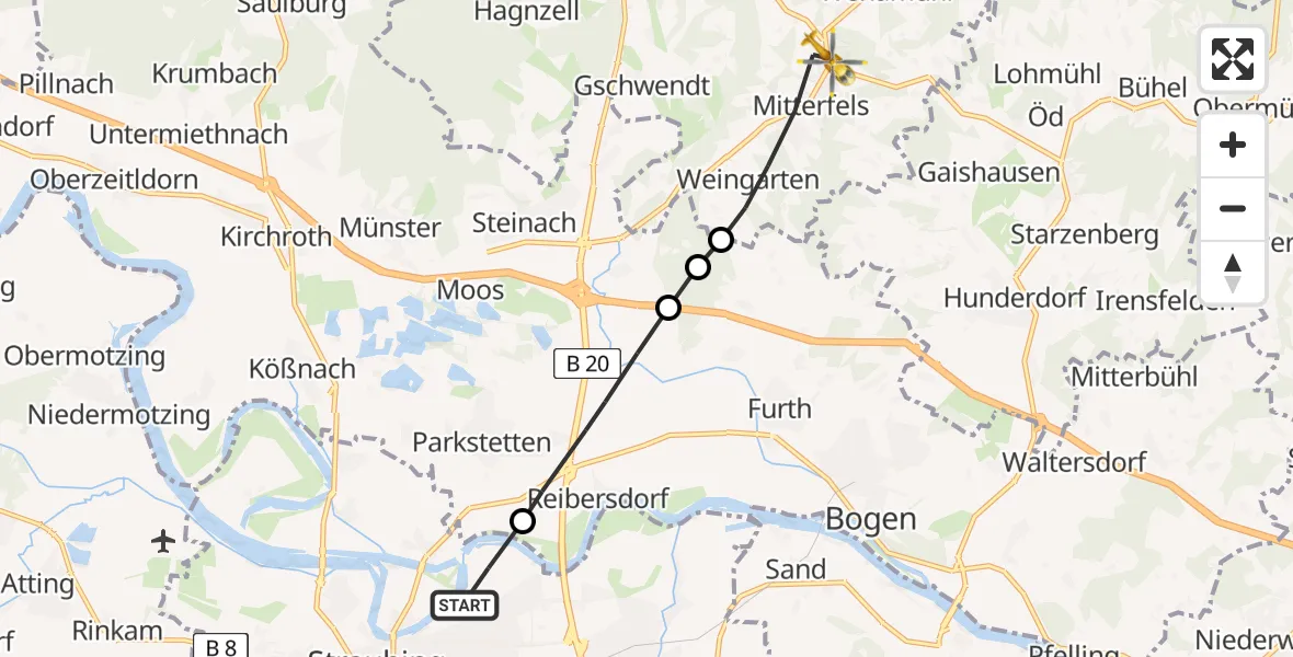 Flugroute Rettungshubschrauber Straubing - Mitterfels, 28 März 2026, 08:45