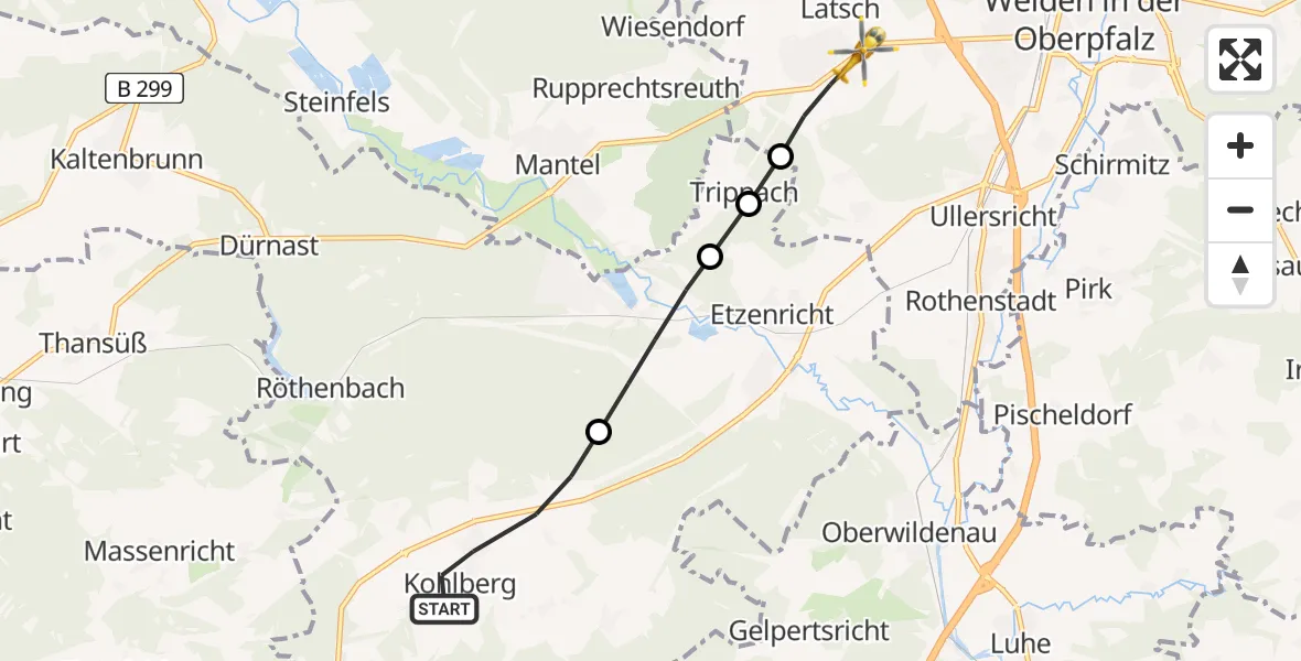 Routekaart van de vlucht: Rettungshubschrauber nach Weiden i.d.OPf., St 2166