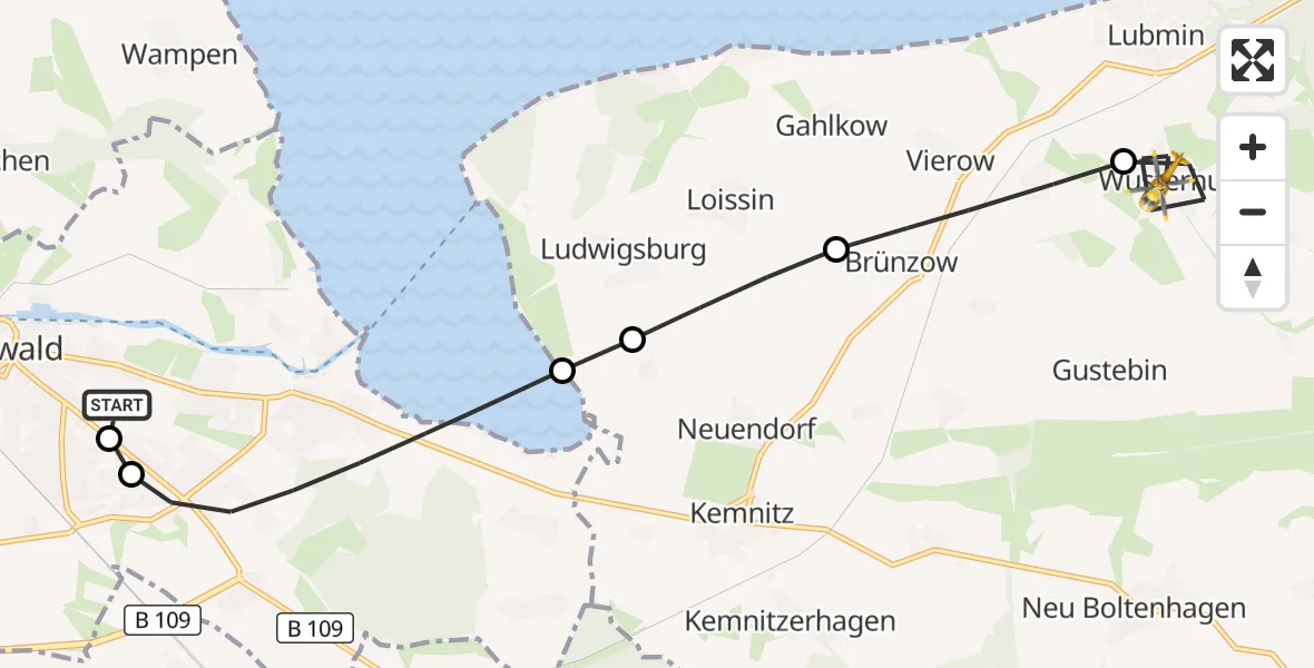 Flugroute Rettungshubschrauber Greifswald Hospital - Wusterhusen, 28 März 2026, 08:46