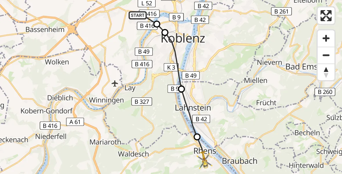 Flugroute Rettungshubschrauber Koblenz - Rhens, 28 März 2026, 08:46