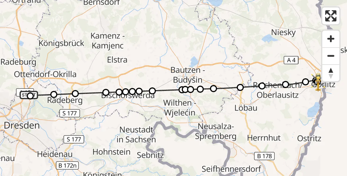 Flugroute Rettungshubschrauber Dresden Flughafen - Görlitz Hospital, 28 März 2026, 08:49