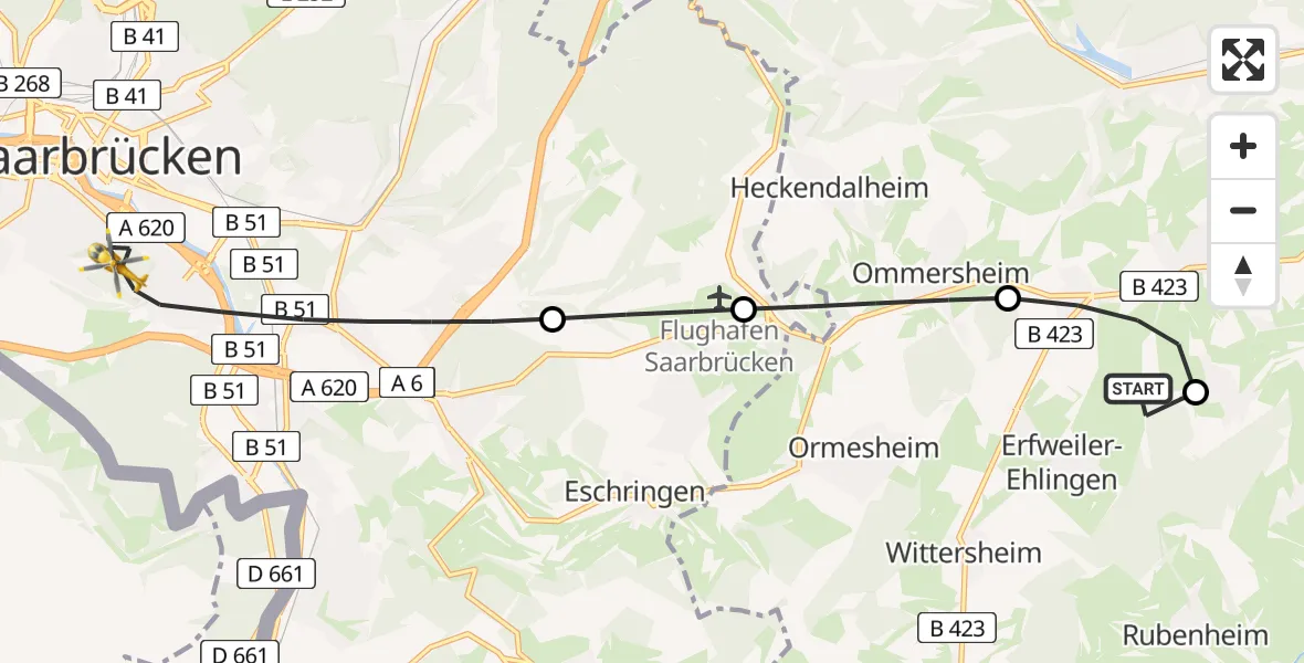 Flugroute Rettungshubschrauber Mandelbachtal - Saarbrücken, 28 März 2026, 08:49