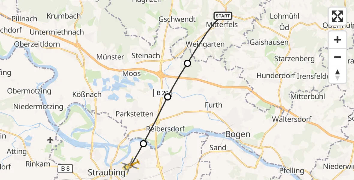 Routekaart van de vlucht: Rettungshubschrauber nach Sankt Elisabeth Hospital Straubing