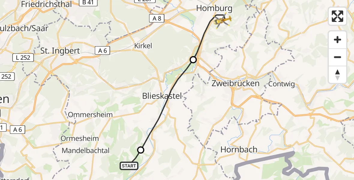 Flugroute Rettungshubschrauber Gersheim - Homburg, 28 März 2026, 09:11