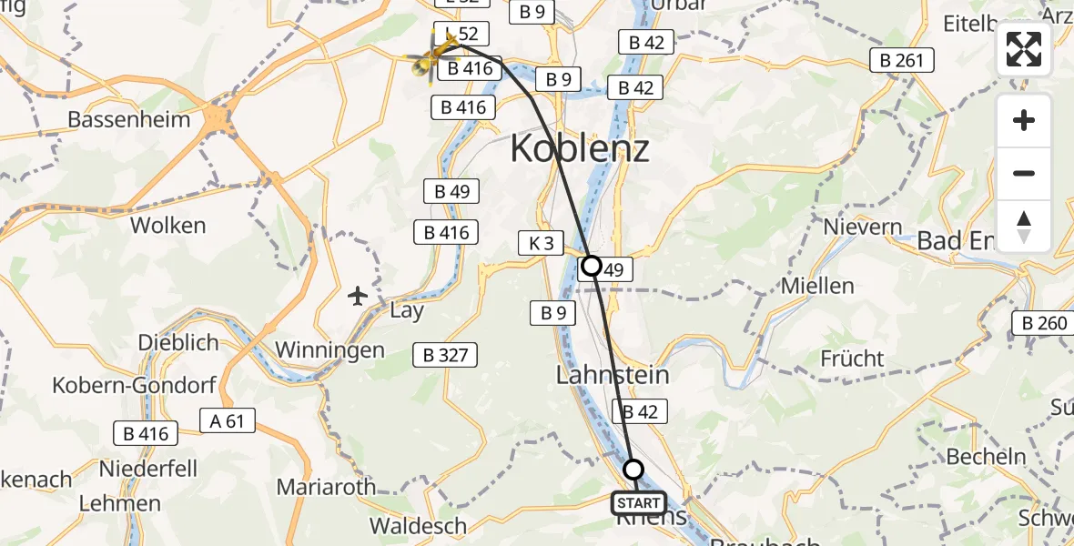 Routekaart van de vlucht: Rettungshubschrauber nach Koblenz, Rübenacher Straße