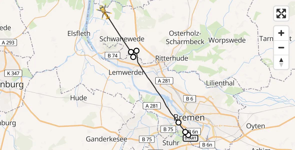 Flugroute Rettungshubschrauber ADAC Air Rescue Station Bremen Hubschrauberlandeplatz (Christoph 6) - Schwanewede, 28 März 2026, 09:28