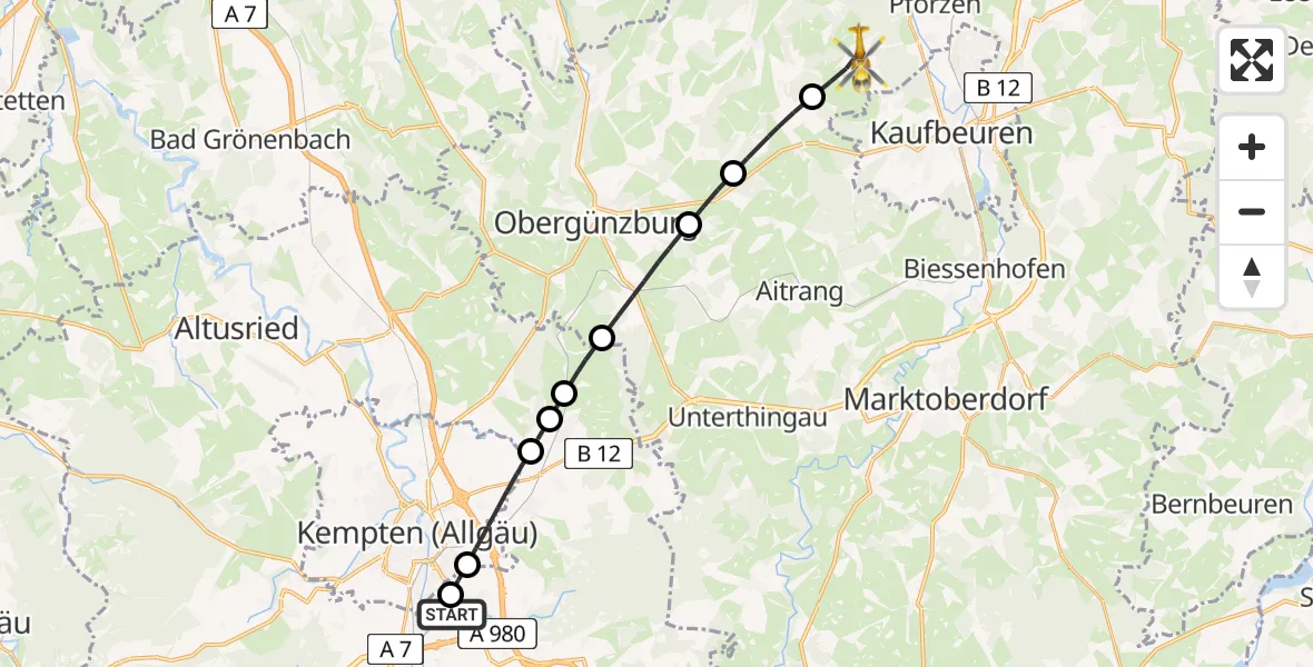 Routekaart van de vlucht: Rettungshubschrauber nach Irsee, Richard-Wiebel-Gäßchen