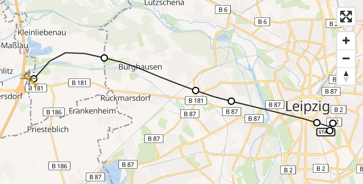 Flugroute Rettungshubschrauber Leipzig University Hospital Heliport 1 - ADAC Air Rescue Station Leipzig/Schkeuditz-Dölzig Hubschrauberlandeplatz (Christoph 61), 28 März 2026, 09:34