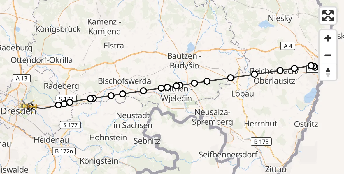 Flugroute Rettungshubschrauber Görlitz Hospital - Dresden Elbwiesen Hubschrauberlandeplatz, 28 März 2026, 09:43