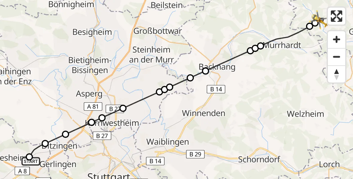 Routekaart van de vlucht: Rettungshubschrauber nach Oberrot, Schulstraße