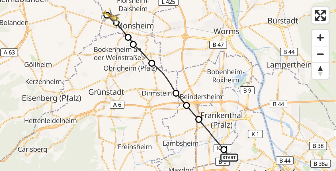 Routekaart van de vlucht: Rettungshubschrauber nach Mölsheim, Wachenheimer Straße