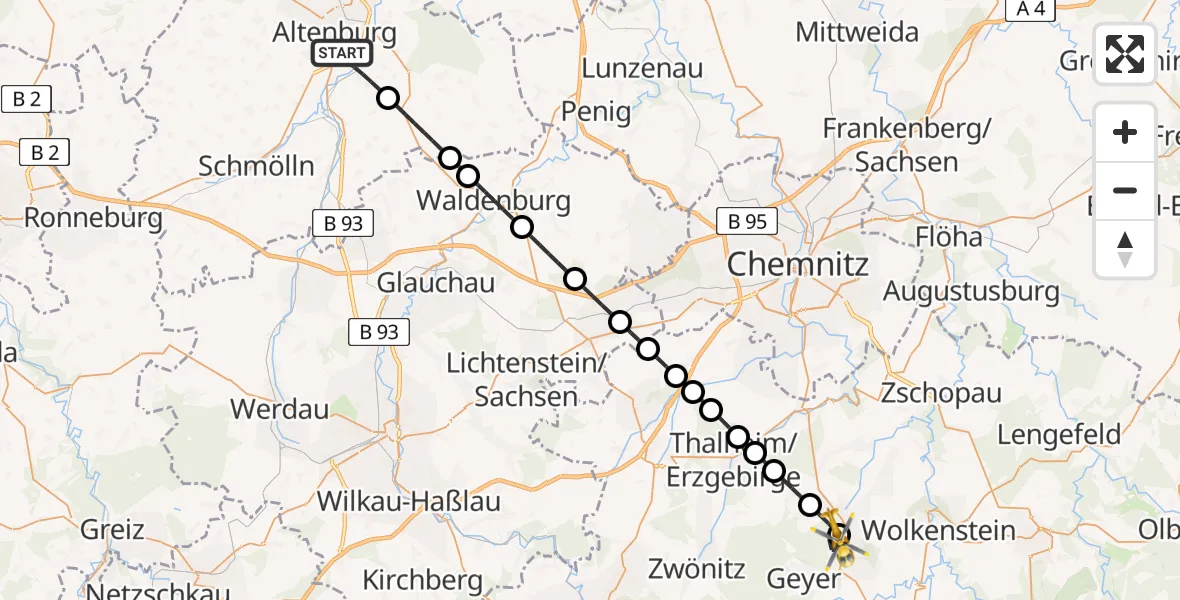 Flugroute Rettungshubschrauber Altenburg - Ehrenfriedersdorf, 28 März 2026, 09:56