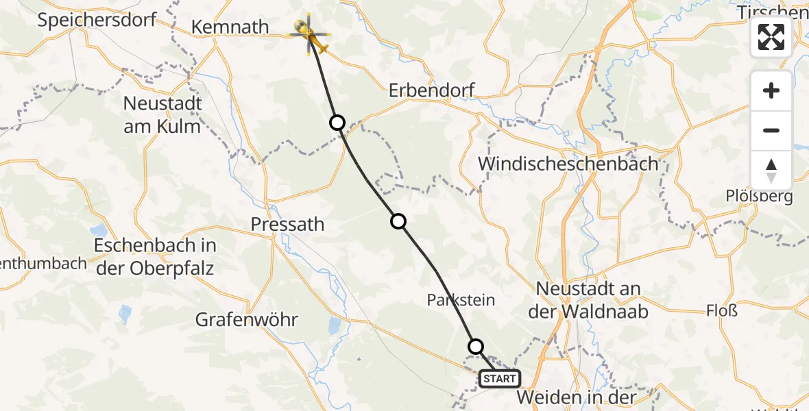Flugroute Rettungshubschrauber Weiden i.d.OPf. - Kemnath, 28 März 2026, 09:57
