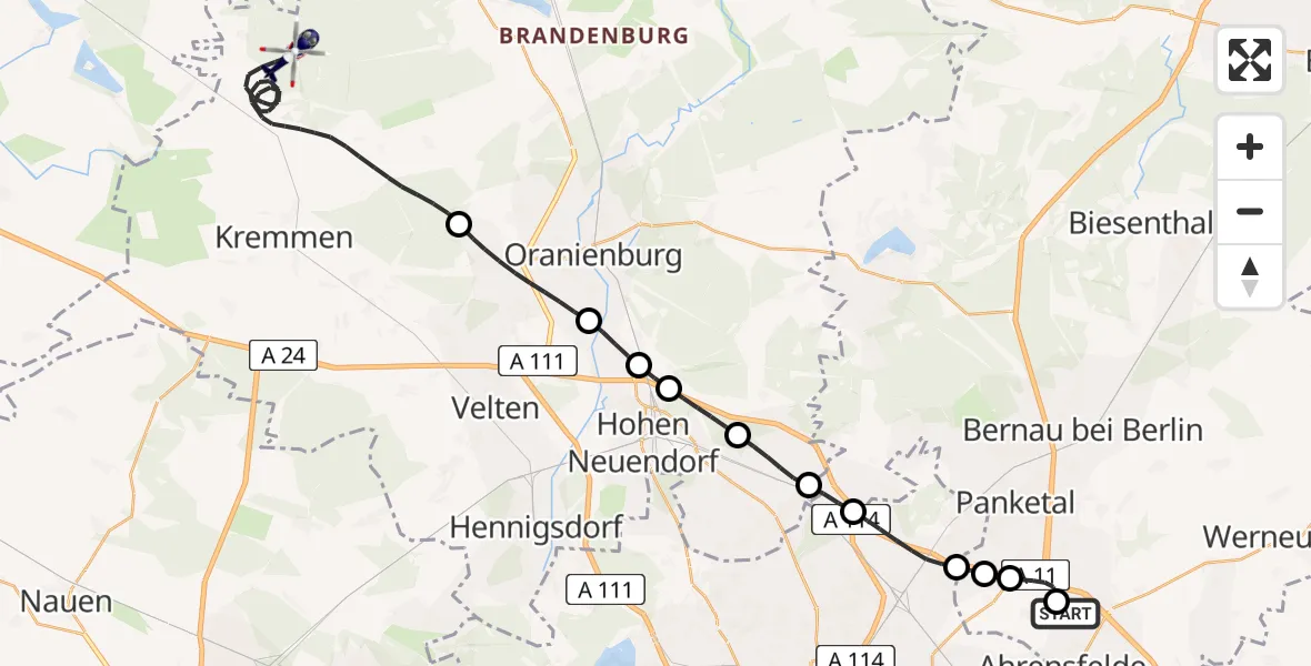 Routekaart van de vlucht: Polizeihubschrauber nach Kremmen, Ludwigsauer Gestell
