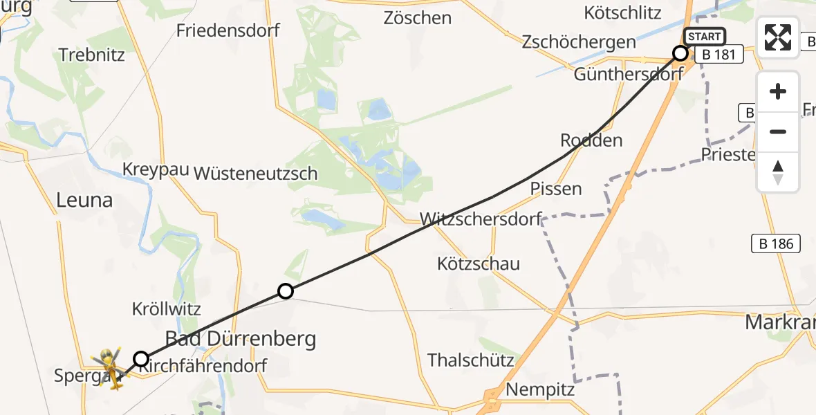 Flugroute Rettungshubschrauber ADAC Air Rescue Station Leipzig/Schkeuditz-Dölzig Hubschrauberlandeplatz (Christoph 61) - Leuna, 28 März 2026, 10:23