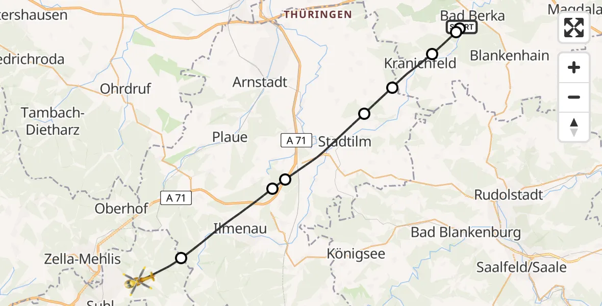 Flugroute Rettungshubschrauber Bad Berka Central Hospital - Suhl, 28 März 2026, 10:23