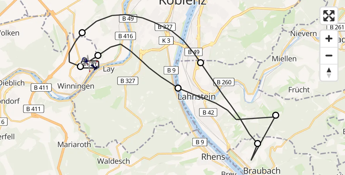 Routekaart van de vlucht: Polizeihubschrauber nach Koblenz-Winningen Flugplatz