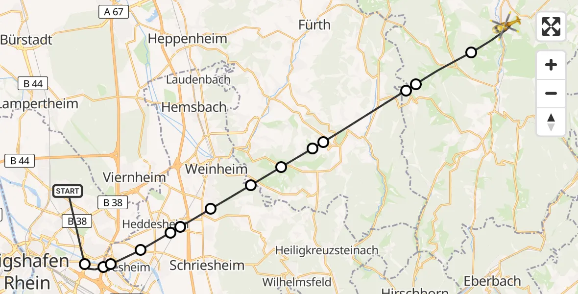 Routekaart van de vlucht: Rettungshubschrauber nach Erbach, Albert-Schweitzer-Straße