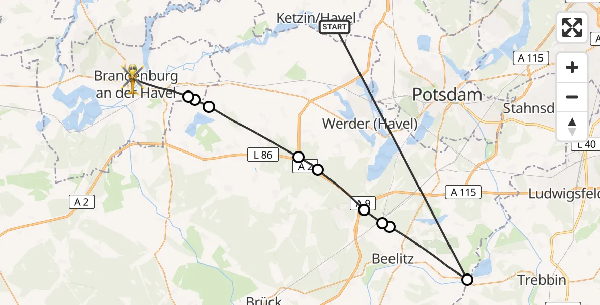 Flugroute Rettungshubschrauber Ketzin/Havel - Brandenburg an der Havel, 28 März 2026, 10:33