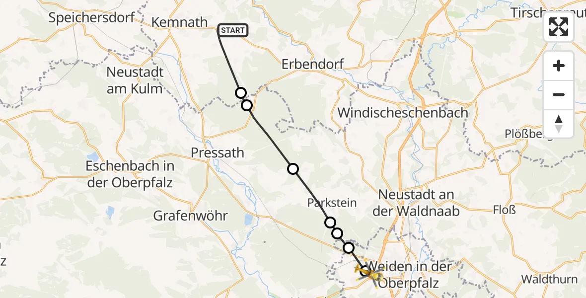 Flugroute Rettungshubschrauber Kemnath - Weiden in der Oberpfalz Flugplatz, 28 März 2026, 10:35