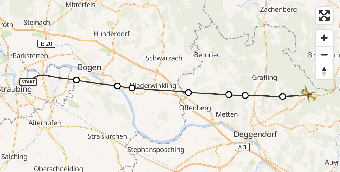 Flugroute Rettungshubschrauber Straubing - Deggendorf, 28 März 2026, 10:41