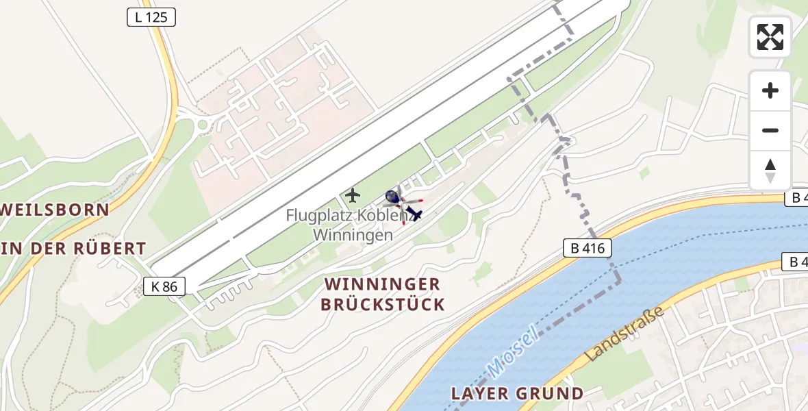 Flugroute Polizeihubschrauber Koblenz-Winningen Flugplatz - Koblenz-Winningen Flugplatz, 28 März 2026, 10:48